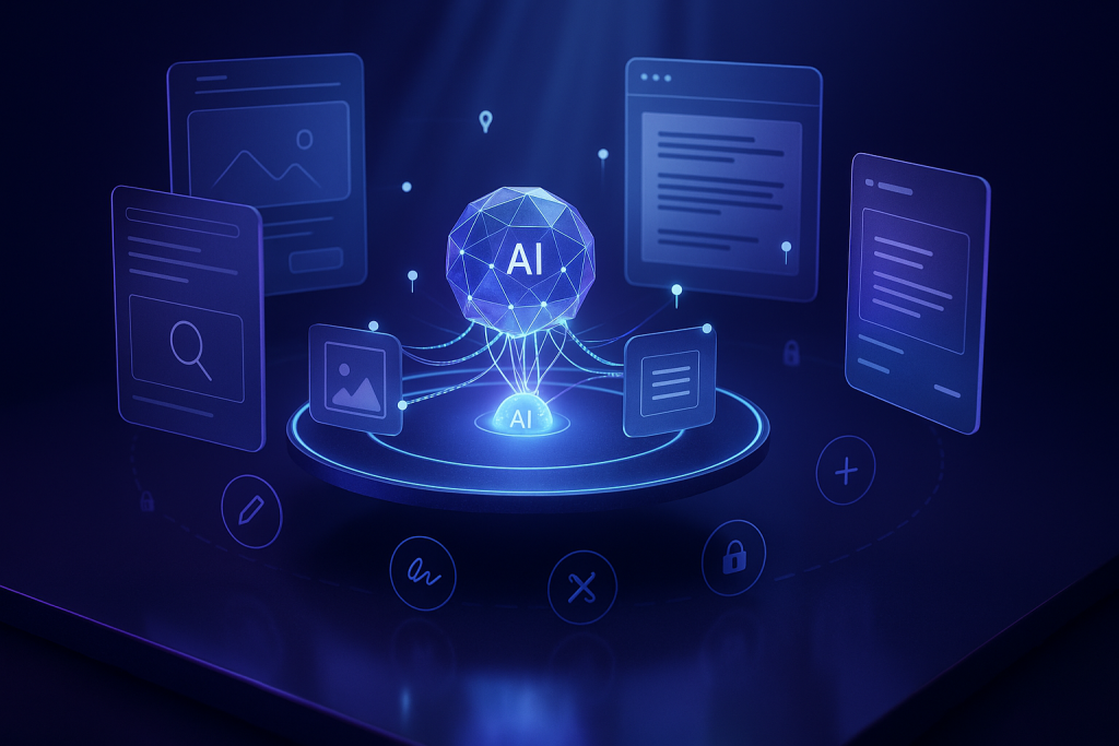 Blues and purples Cinema 4D hub with AI orb linking floating documents and secure tools