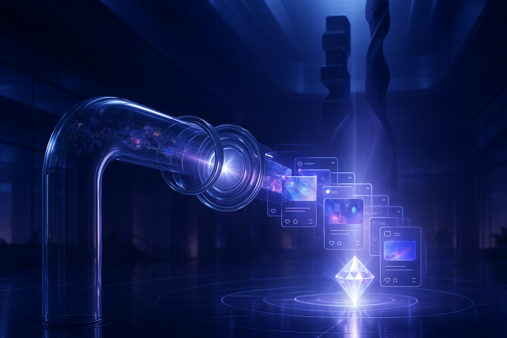 Cinema 4D atrium with crystalline core polishing images, phased feeds, blue-purple light, abstract partnership pillars