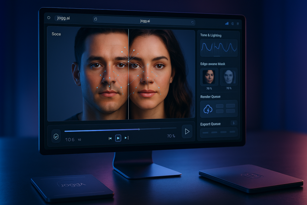 Cinema 4D browser workspace shows JoggAI face swap with landmarks, aligned avatars, consent icons lighting