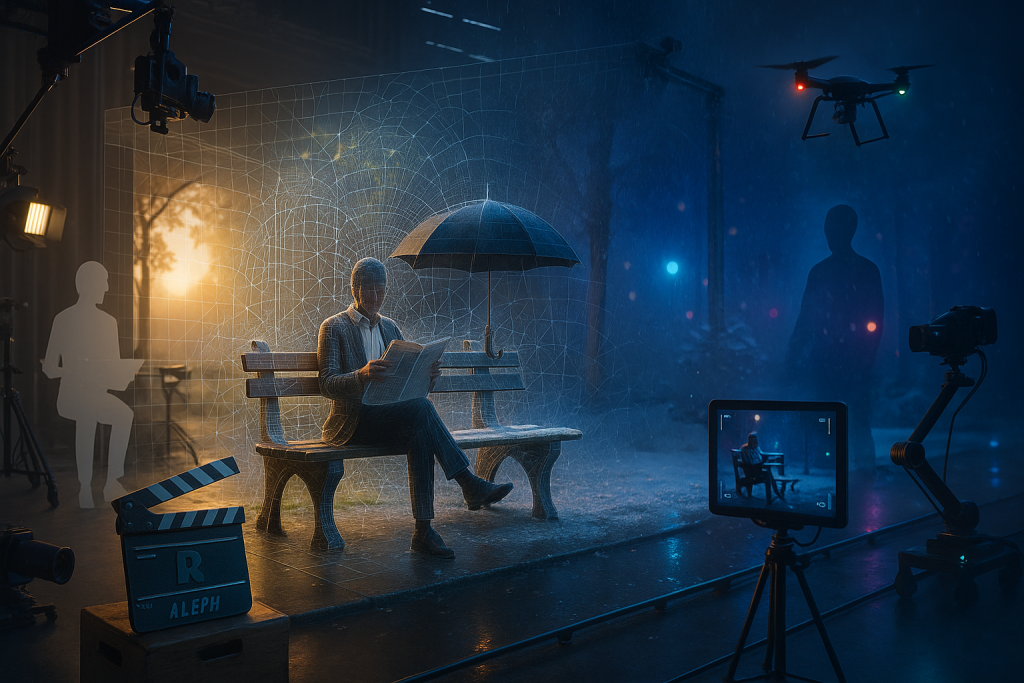 Cinematic set morphing scenes as Runway Aleph edits weather, lighting, objects, camera angles, maintaining continuity