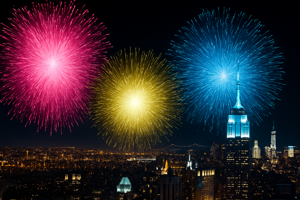 Colorful Bursting Fireworks Night Sky Scene