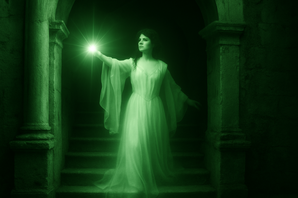 Ethereal Ghost Descends Haunted Staircase