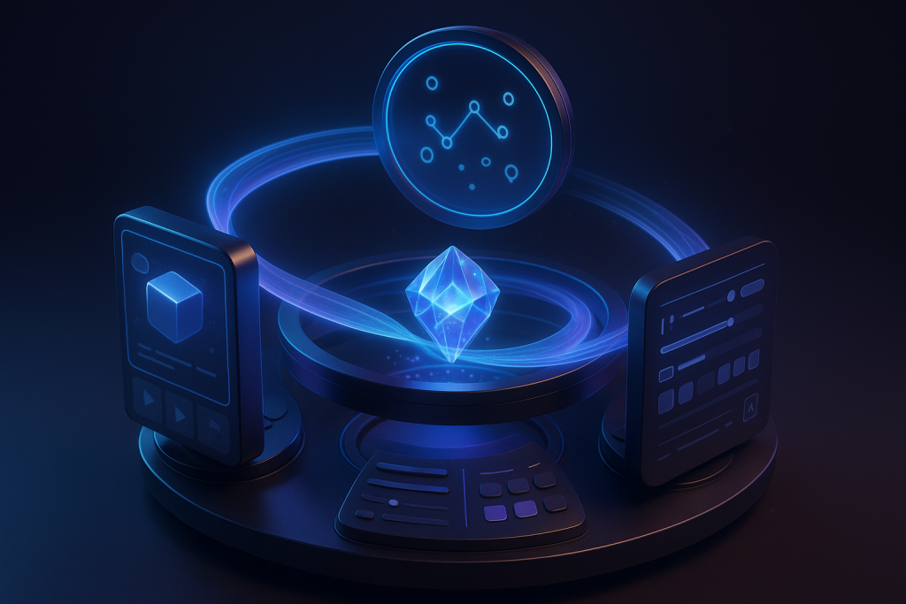 Futuristic blue-purple flywheel machine linking creative assets to analytics with cinematic holographic ribbons glowing core