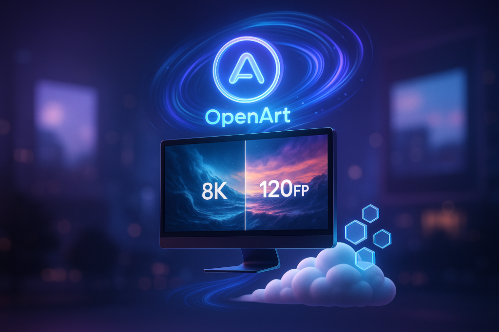 Futuristic monitor shows ultra-HD video with OpenArt hologram and Topaz crystal shapes amid blue clouds