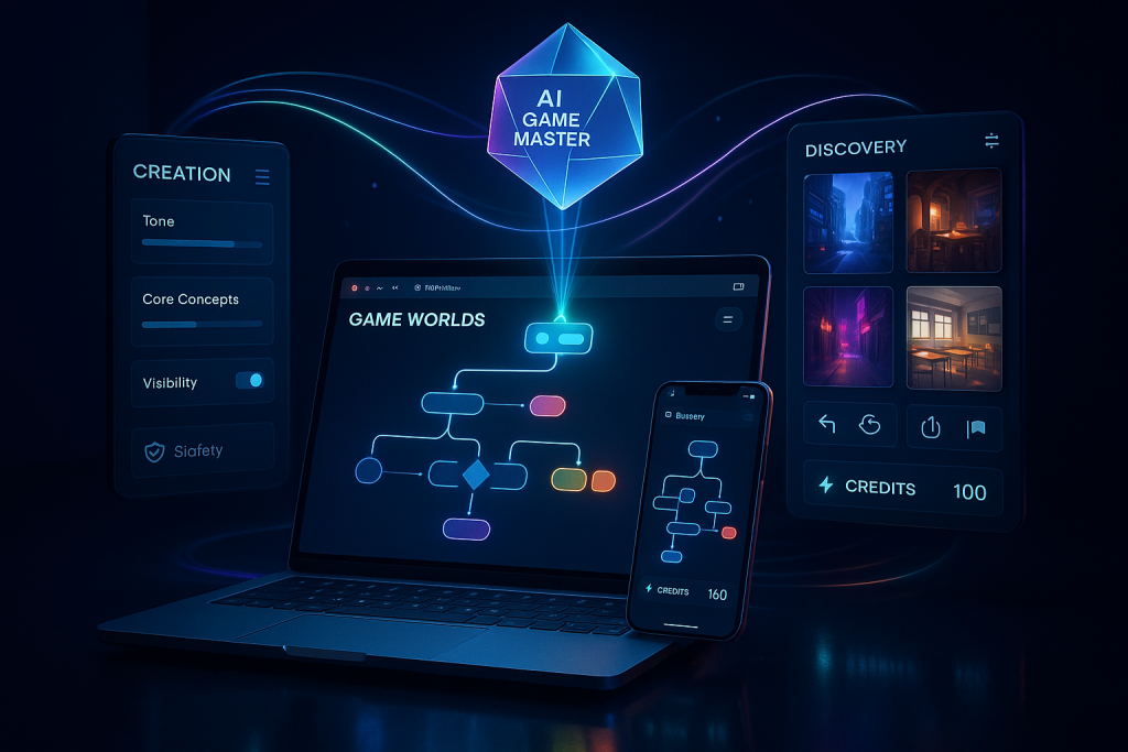 High-end 3D browser UI with Runway Game Worlds prism, branching stories, remix, safety shields icons