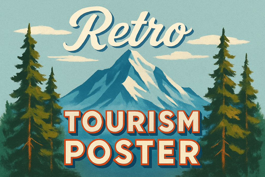 Mountain sunset retro travel poster effect