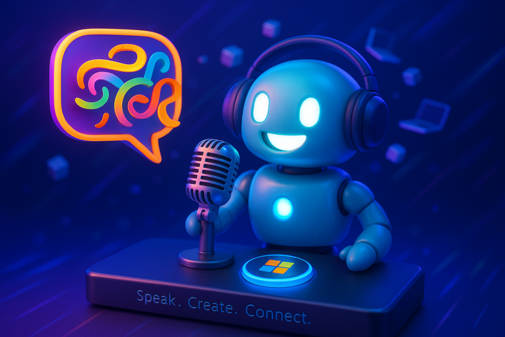 Playful robot using microphone with swirling text ribbons, Microsoft logo, and lively blue-purple tech scene