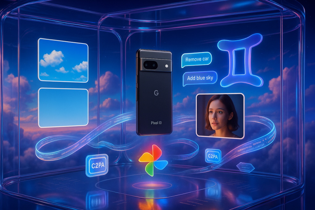 Futuristic floating studio, Pixel 10, Gemini AI editing magic, and C2PA credentials glow amid vibrant clouds