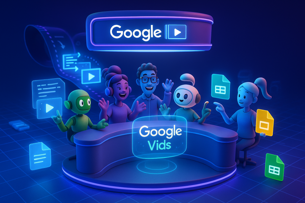 Futuristic AI avatars animate scripts into videos in a vibrant Google Workspace-inspired digital studio