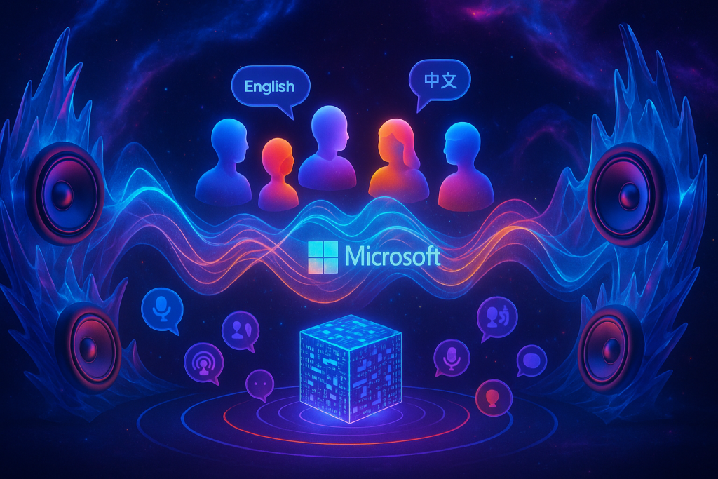 Futuristic stage with four glowing avatars, sound waves, and subtle Microsoft VibeVoice elements in blue-purple space