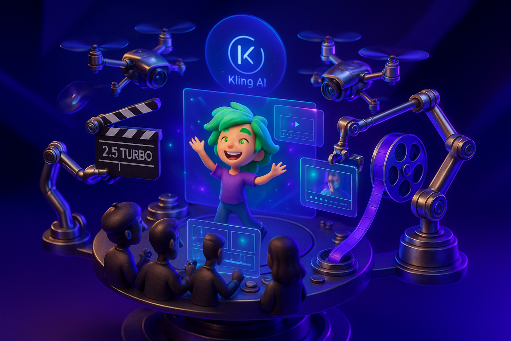 Animated film set with Kling AI logo, creative team, cameras, and playful Cinema 4D blue-purple vibes