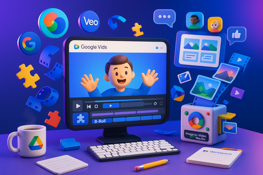 Cinema 4D scene of playful Google Vids workspace with AI avatar and creative video editing