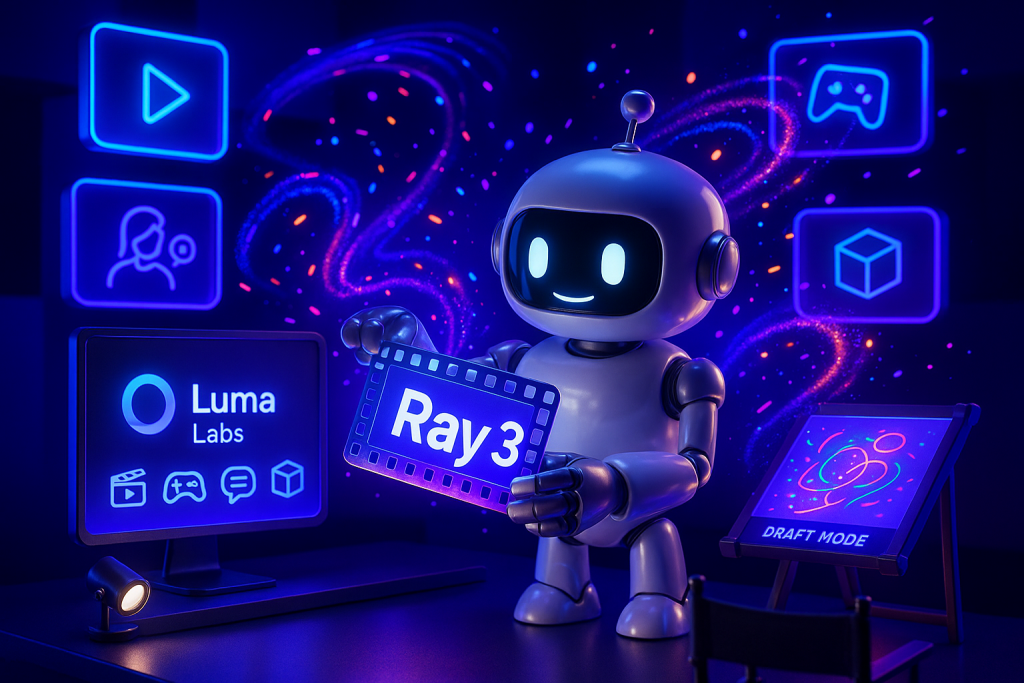 Futuristic creative studio with playful robot, glowing filmstrip, Luma Labs hologram, swirling colorful elements