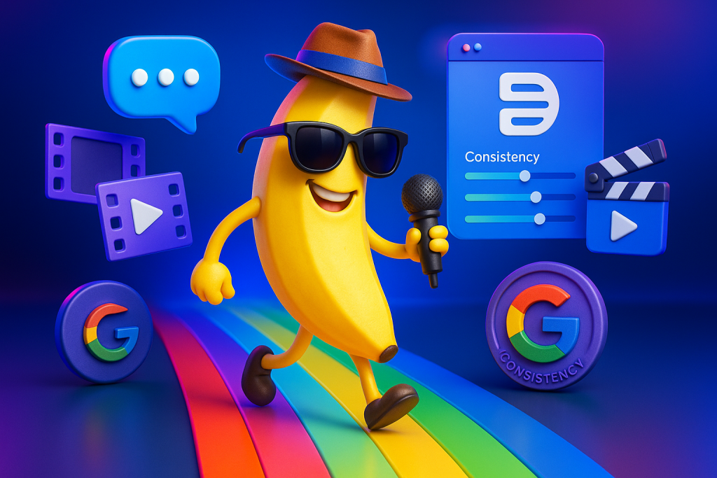 Playful 3D banana mascot with Descript and Google logos amid vivid cinematic creative tools