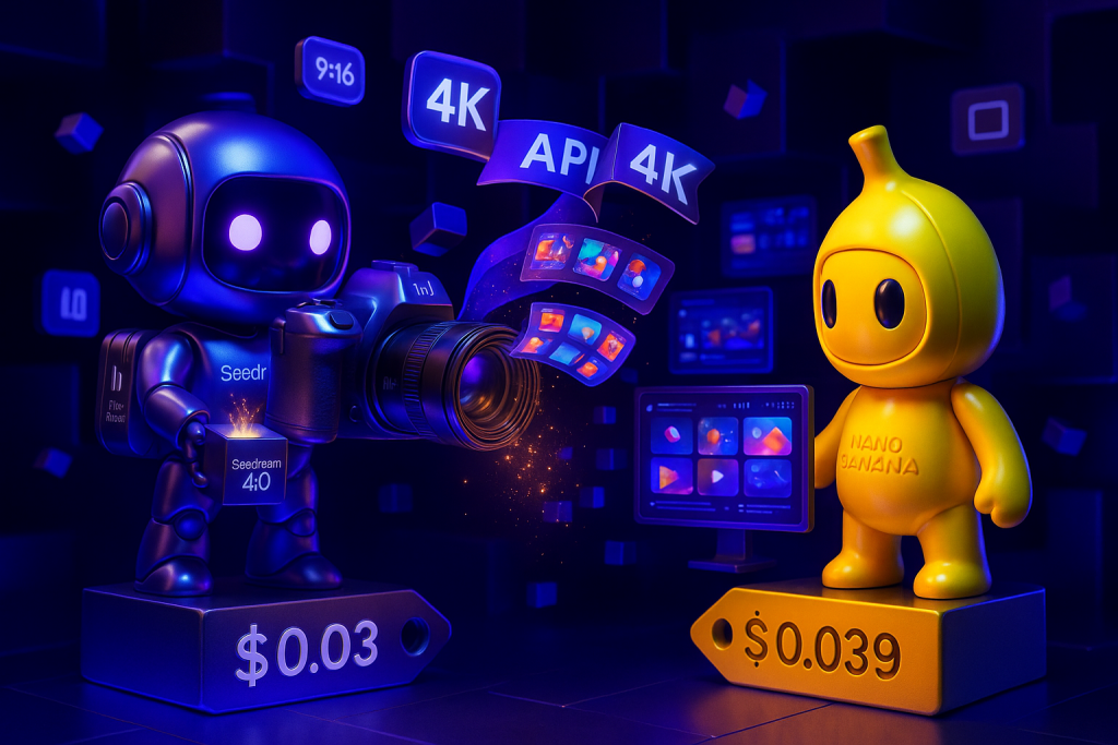 Playful 4K render of Seedream and Nano Banana robots with holographic images and cameras