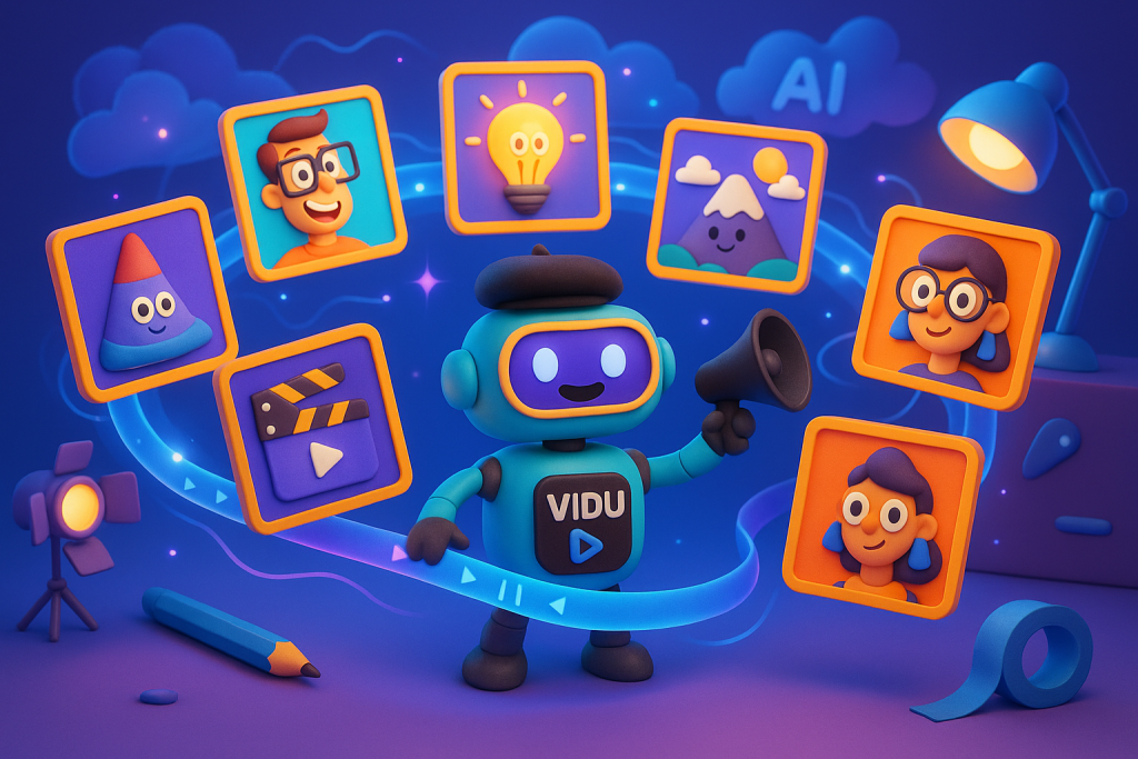 Seven image frames orbit a timeline with playful Vidu robot director and cinematic blue-purple lighting
