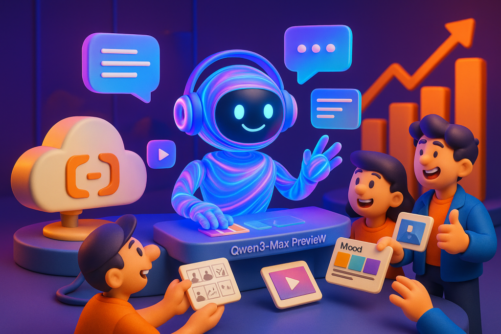 Vibrant, playful AI robot with assets and Alibaba Cloud device in creative blue-purple studio scene