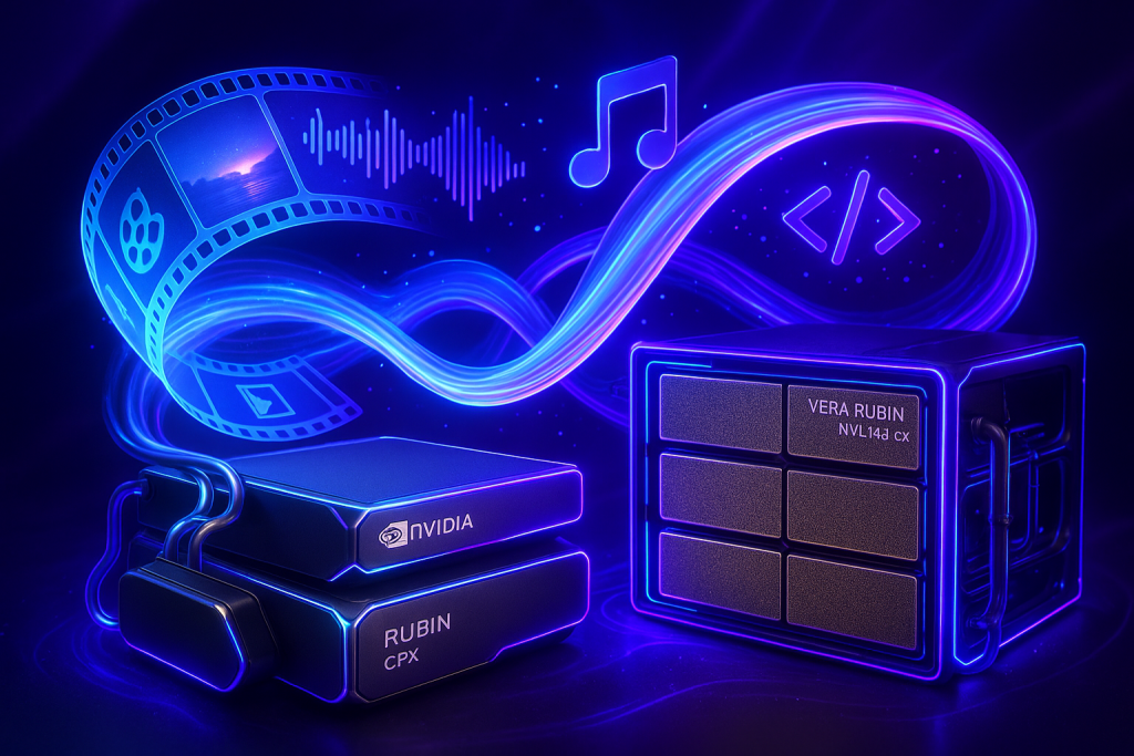 Futuristic Nvidia Rubin CPX GPUs in neon-lit rack, flowing with seamless video, audio, code streams
