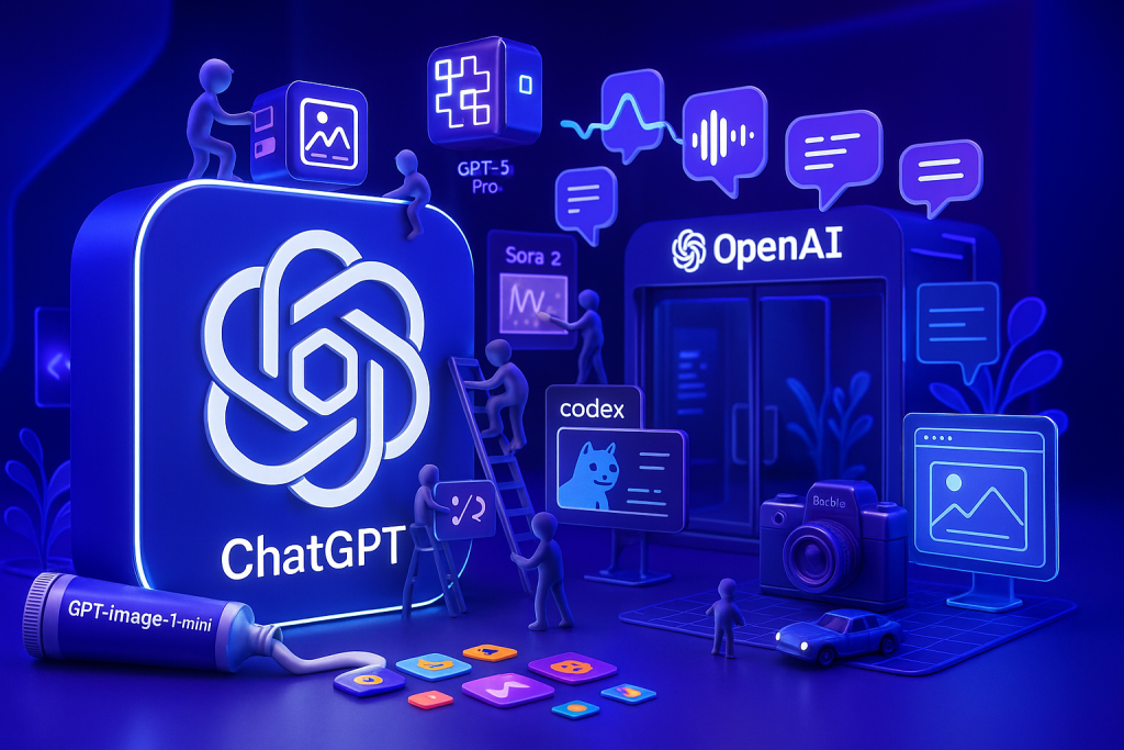 Futuristic creative studio with OpenAI, ChatGPT apps, Sora 2, Codex animals, and playful collaboration