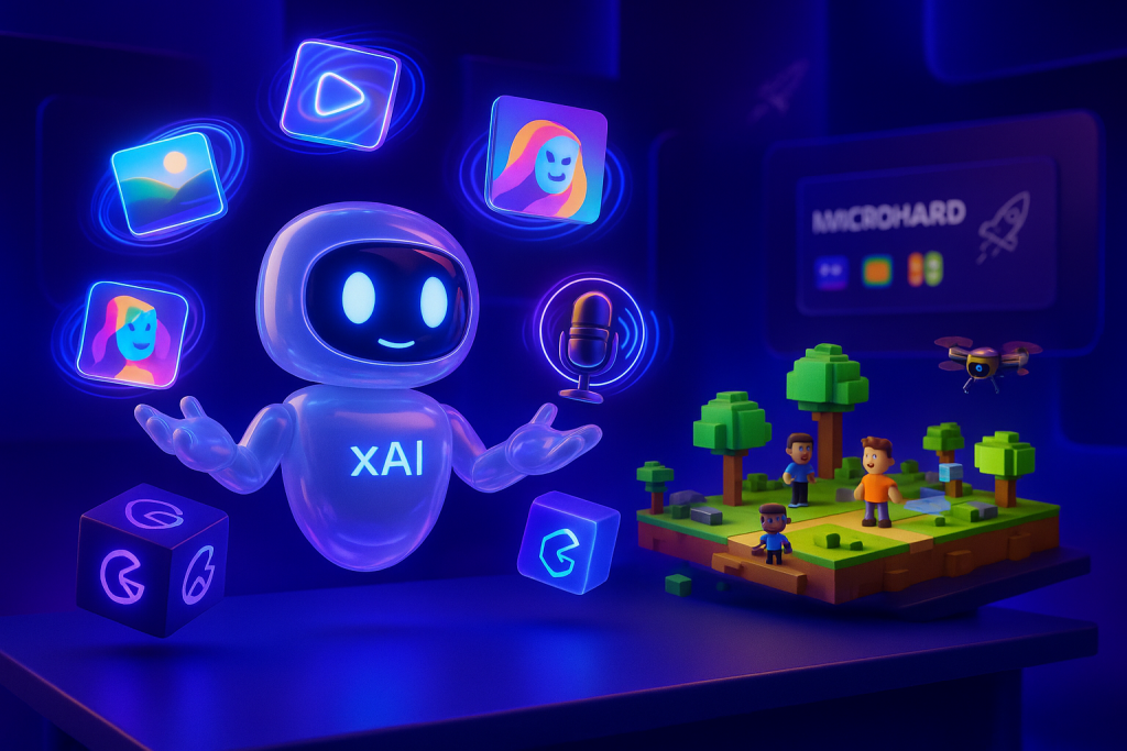 Playful AI robot juggles images and sound, gaming world grows, xAI and Grok logos visible