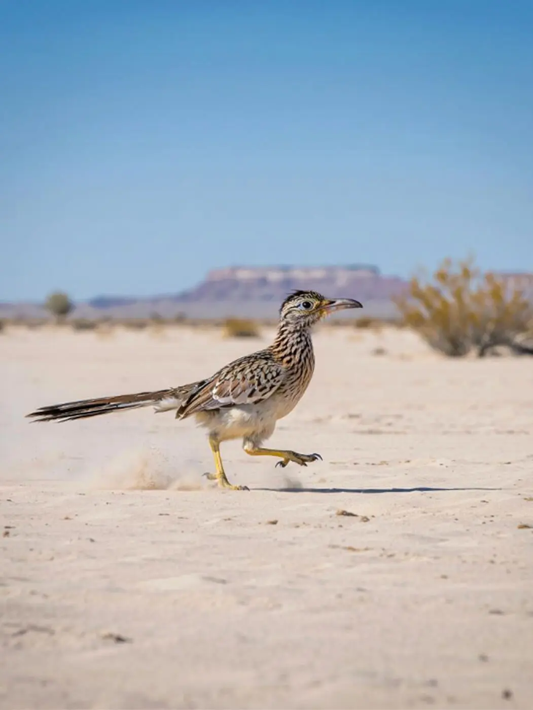 Photoreal roadrunner running across a sandy desert with dust clouds and mesas