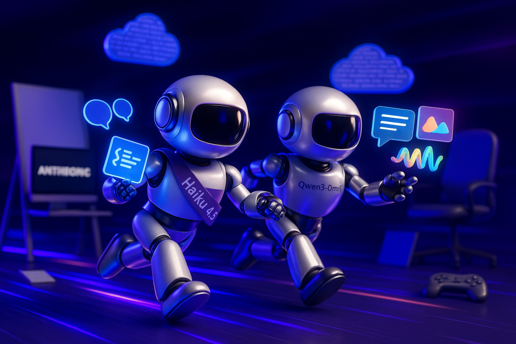 Futuristic robots race in a creative studio, representing Claude Haiku 4.5 and Qwen3-Omni