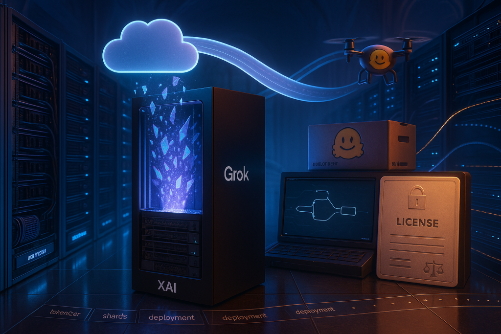 Cinema 4D data center, xAI Grok 2.5, Hugging Face crate, SGLang pipeline, multi-GPU, license icons