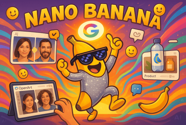 Fun banana mascot in silver suit under Gemini logo surrounded by creative AI image edits