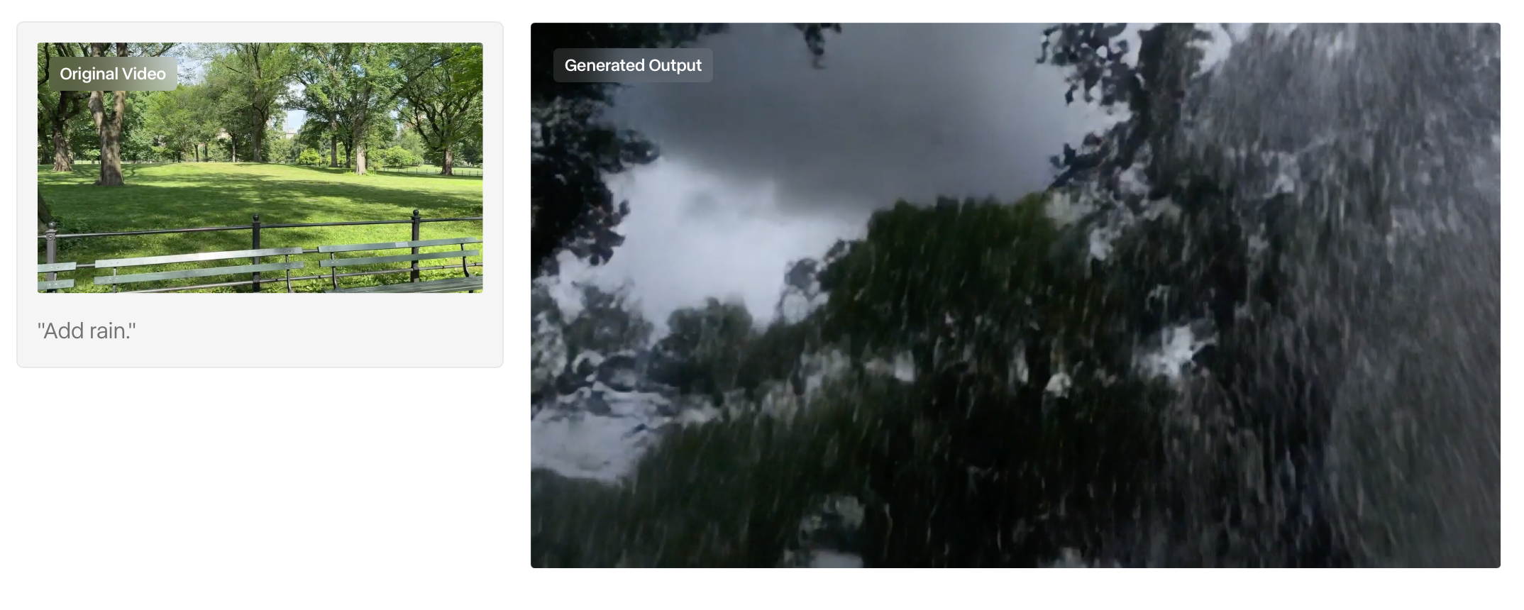 Sunny park bench original vs generated heavy rain example