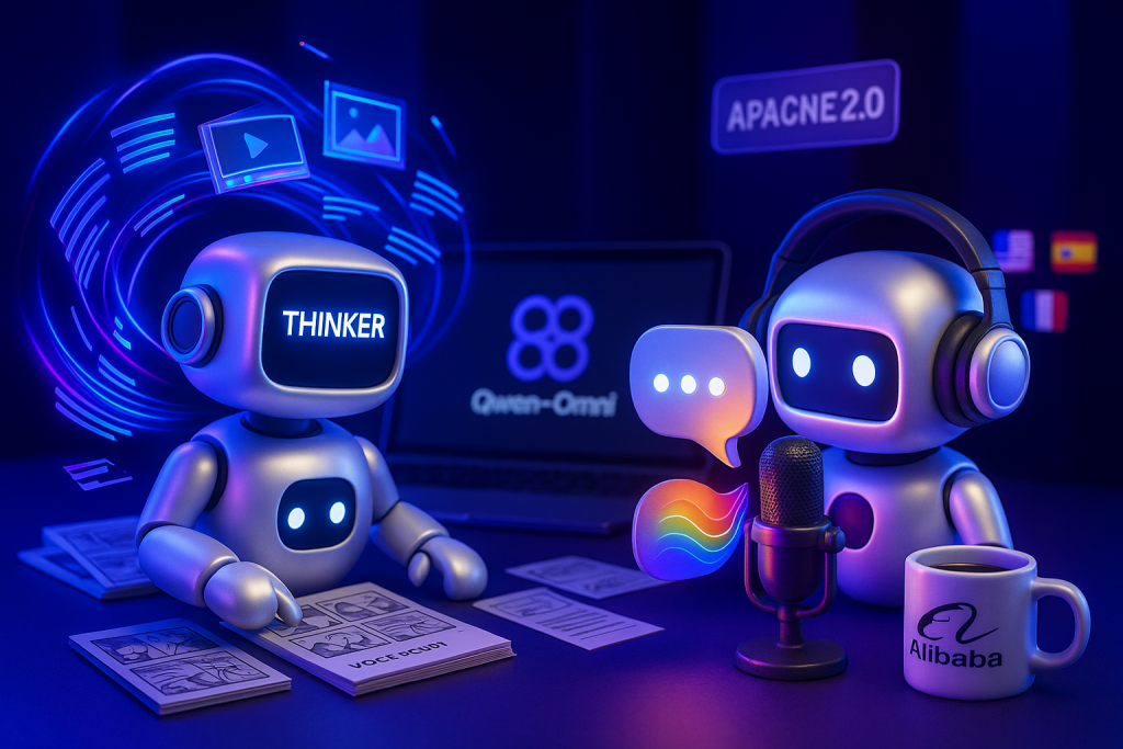 Animated Thinker and Talker robots creating with multimedia, sound waves, and Alibaba logo mug