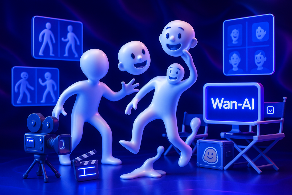 Cartoon characters swapping bodies on a playful futuristic film set with Wan-AI branding visible