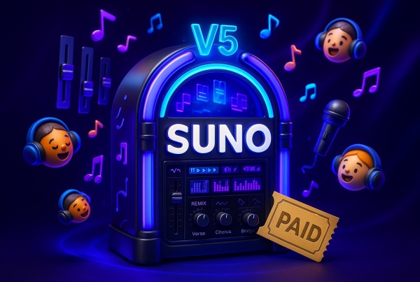 Playful 3D Suno interface, neon jukebox, musical notes, avatars, and golden subscription ticket