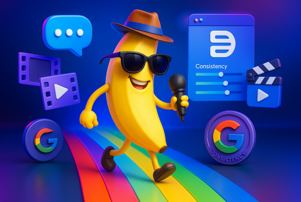 Playful 3D banana mascot with Descript and Google logos amid vivid cinematic creative tools