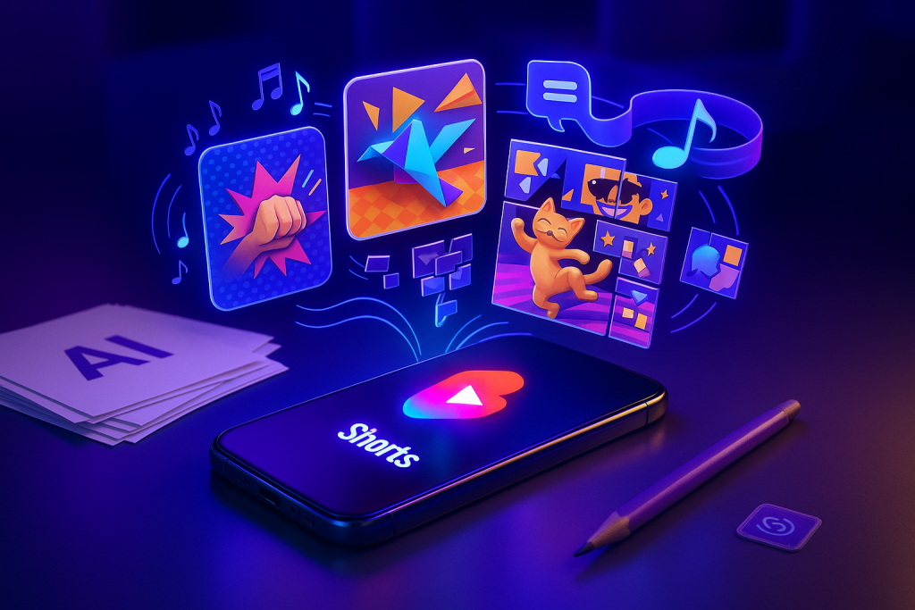 Playful YouTube studio scene showing AI-powered creation tools in action with vibrant holographic effects