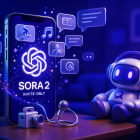 Playful cinema 4D living room, iPhone Sora 2 app, OpenAI neon, unified audio-video magic