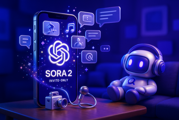 Playful cinema 4D living room, iPhone Sora 2 app, OpenAI neon, unified audio-video magic