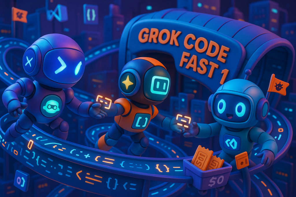 Playful robots race through a vibrant code rollercoaster with Grok and xAI branding visible