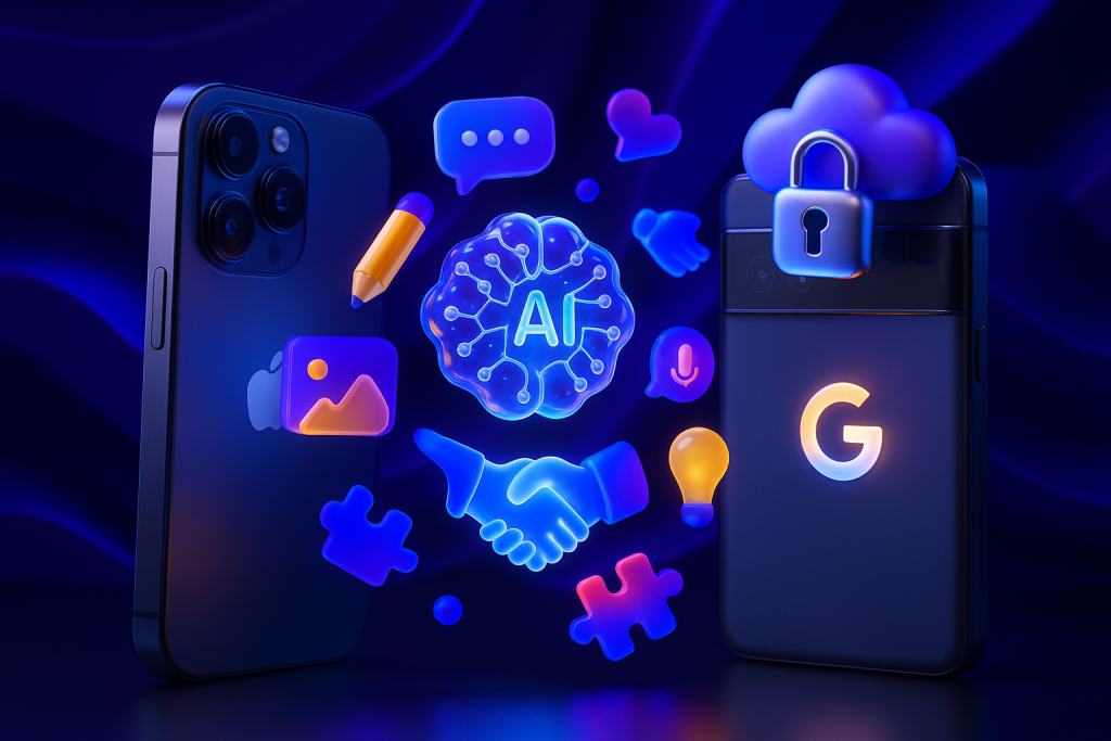 iPhone and Pixel 9 with glowing Apple and Google logos swirling with AI and creative icons