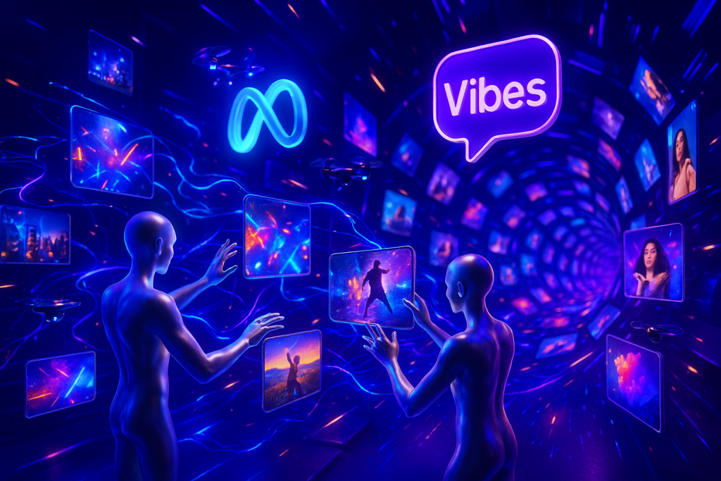 Futuristic city of remixing avatars, holographic Meta Vibes icons, and pulsing AI video streams
