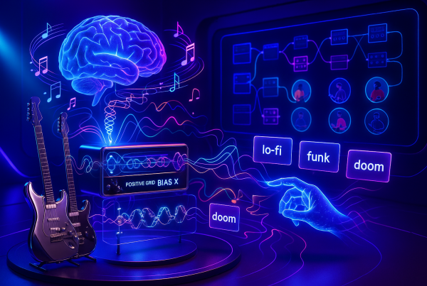 Futuristic guitar lab with AI brain, holographic Positive Grid BIAS X amps, vibrant musical energy