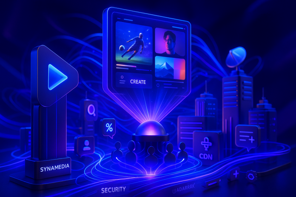 Futuristic AI-powered streaming cityscape with Synamedia branding, holograms, dynamic video, and glowing data flows