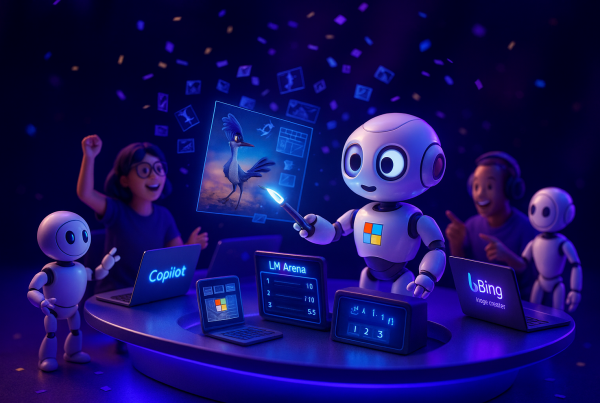 Cinema 4D scene of playful robot painter with Microsoft logo creating on futuristic workspace with blue purple hues