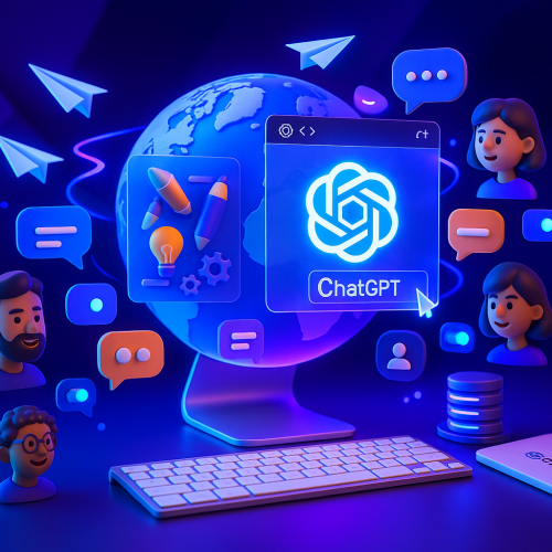 Cinema 4D scene of playful workspace with glowing atlas globe, OpenAI browser, and creative AI tools