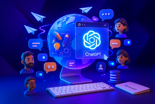 Cinema 4D scene of playful workspace with glowing atlas globe, OpenAI browser, and creative AI tools