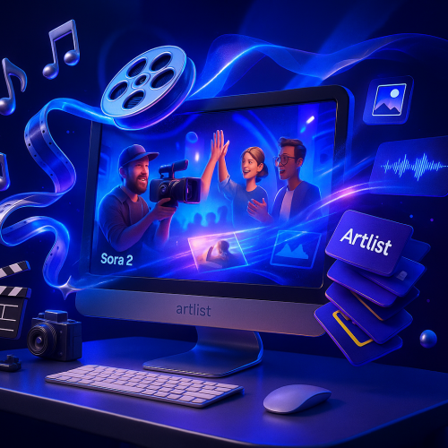Colorful playful Cinema 4D workspace with Artlist logo, Sora 2 video, creators, music, and tools