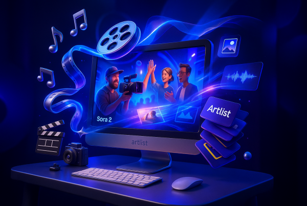 Colorful playful Cinema 4D workspace with Artlist logo, Sora 2 video, creators, music, and tools