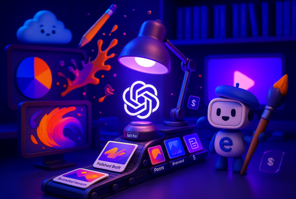 Playful 3D creative studio with OpenAI lamp, Azure cloud, friendly robot, vibrant digital images