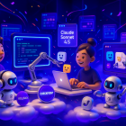 Playful 3D scene of avatars and robots using Anthropic Claude Sonnet 4.5 across creative workflows