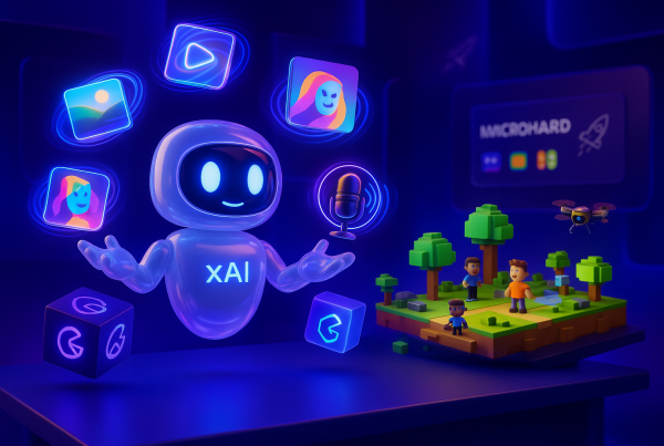 Playful AI robot juggles images and sound, gaming world grows, xAI and Grok logos visible