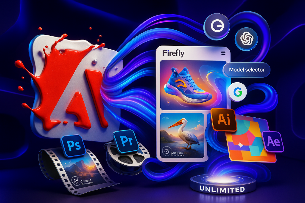 Playful Cinema 4D render of Adobe Firefly AI with swirling colors, apps, and creative icons